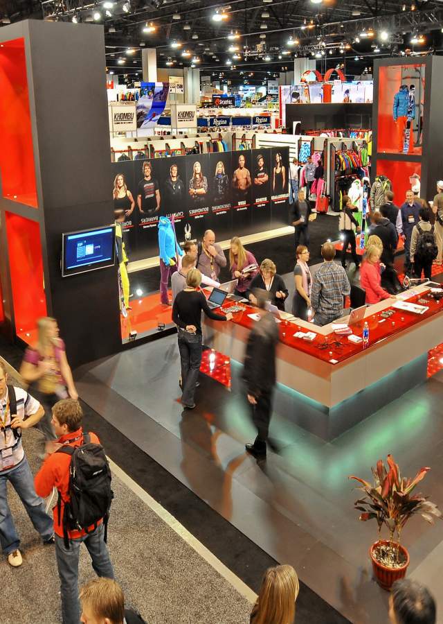The exhibit floor of the Snow Sports Industry of America (SIA) convention at the Colorado Convention Center.