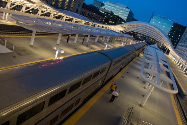 Two people boarding the ski train at Denver Union Station