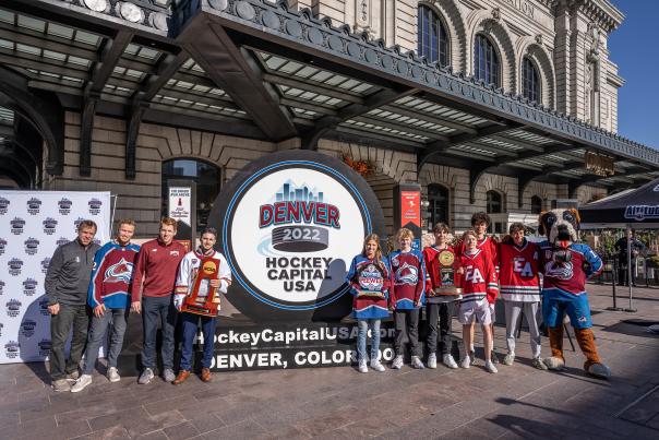 Members of all four of Denver's 2022 championship hockey teams celebrate the city's title as Hockey Capital USA outside Union Station on Thursday, Oct. 6, 2022.